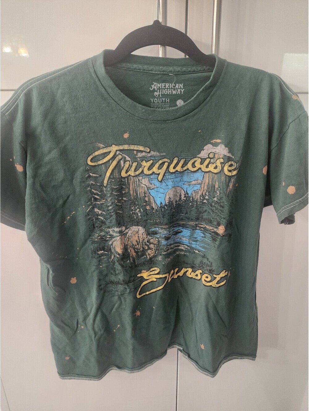 American Highway Youth Large Green Graphic T-Shirt with Turquoise Sunset Design